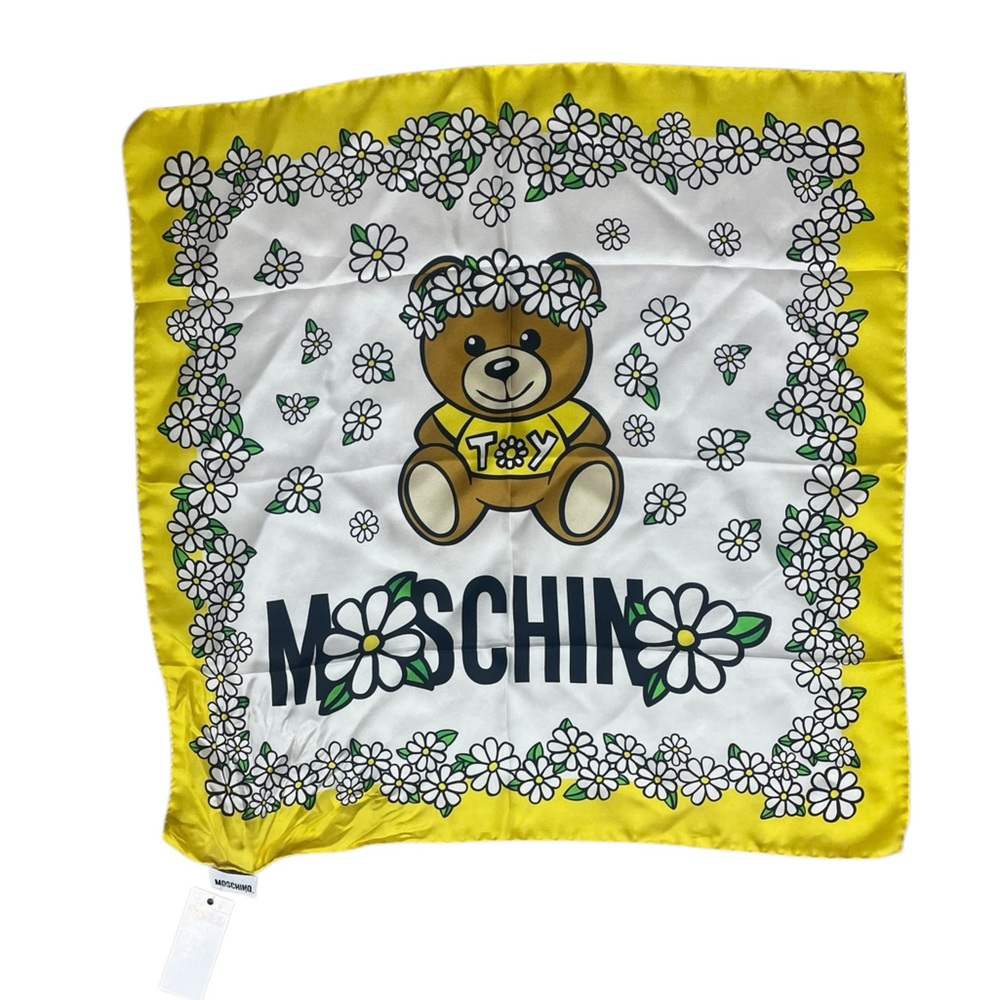 Moschino Daisy Floral Crown Teddy Bear Silk Scarf NWT